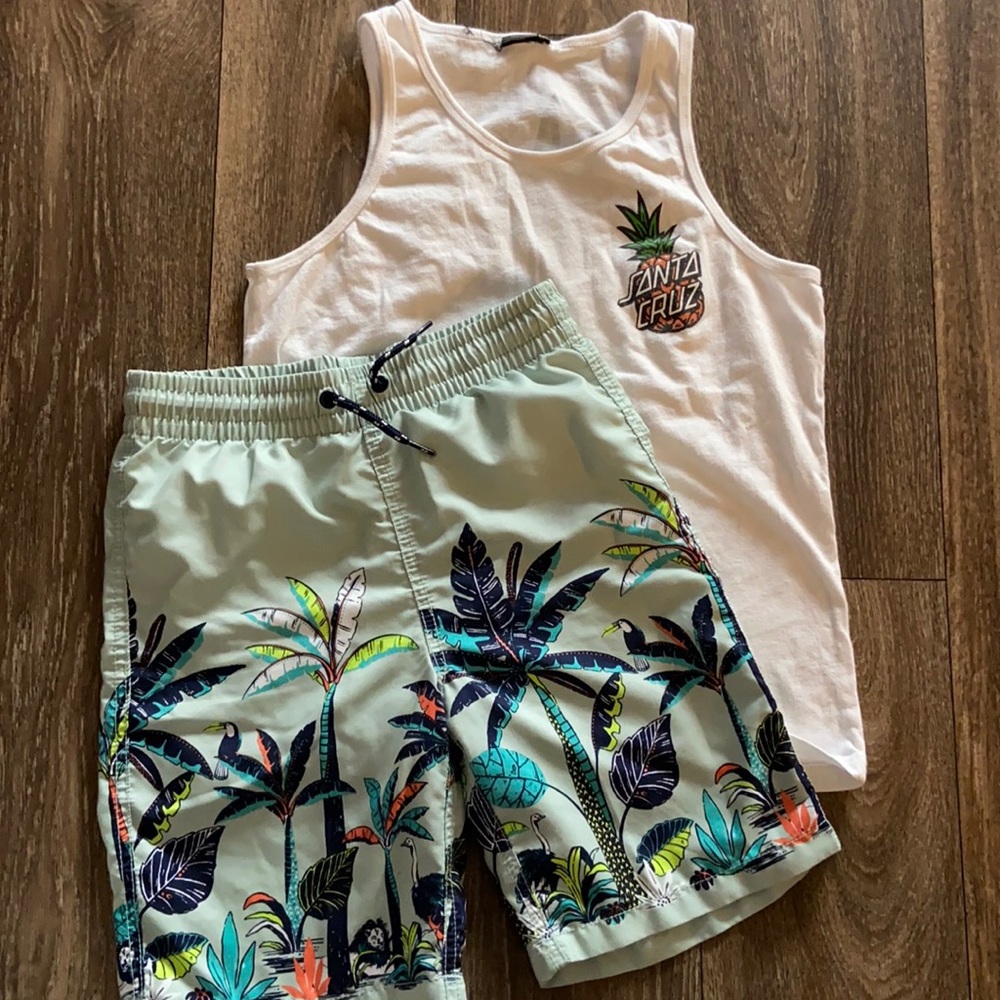 Old Navy swim shorts & Santa Cruz tank top